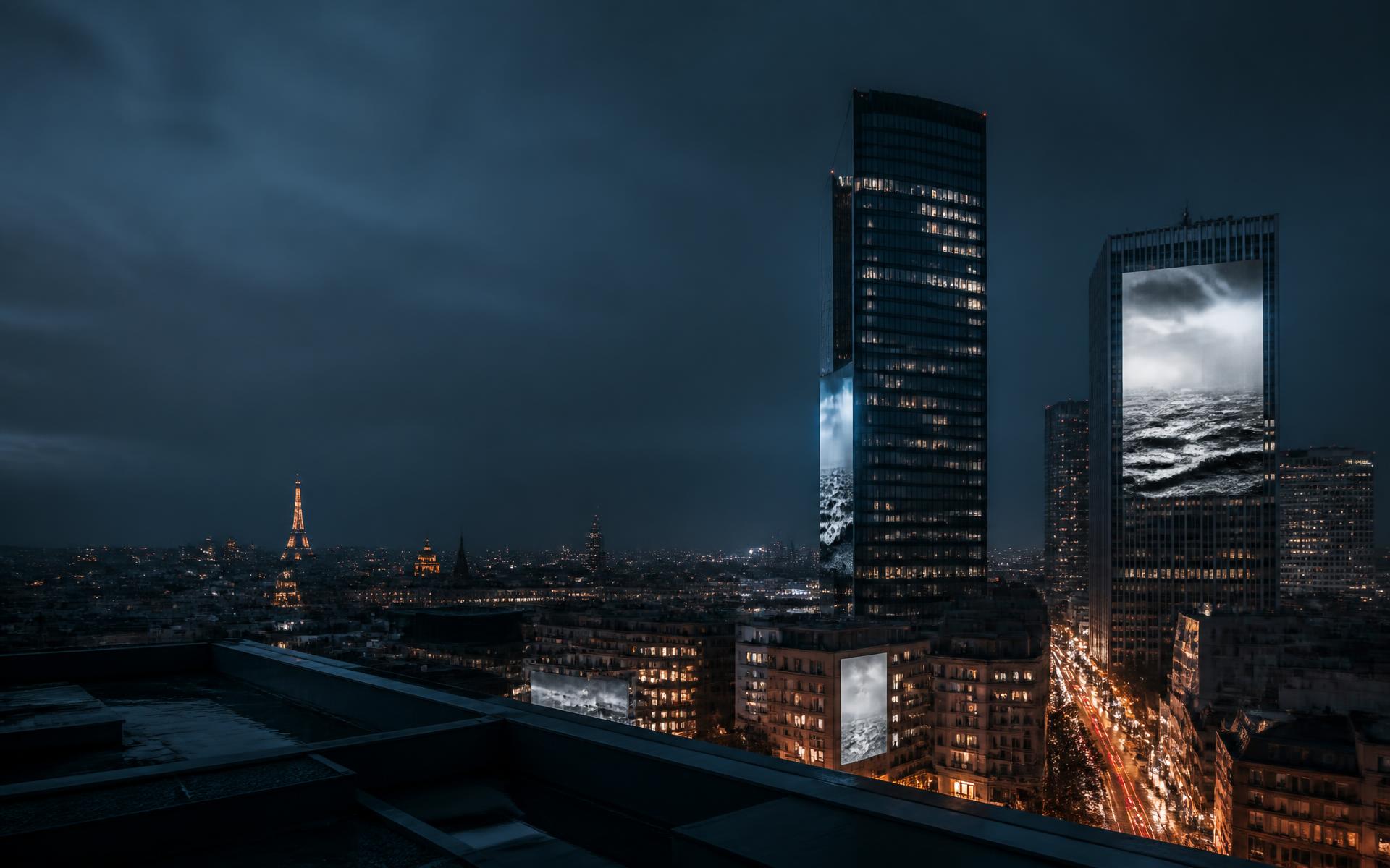 European city skyline illuminated at night